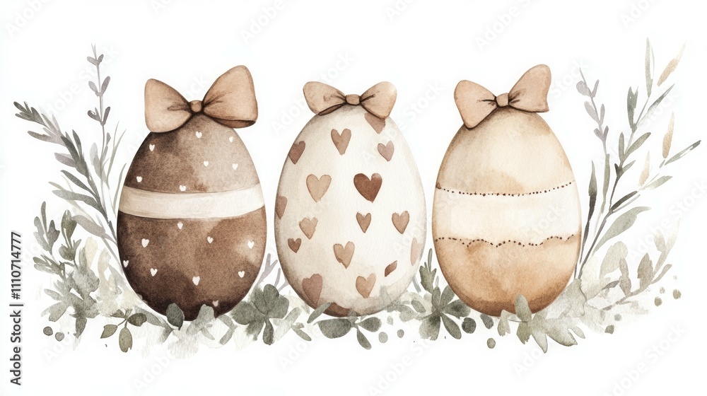 Obraz premium Watercolor painting of chocolate Easter eggs with bows and hearts surrounded by greenery, three eggs composition, neutral colors of beige, brown and white, simple style