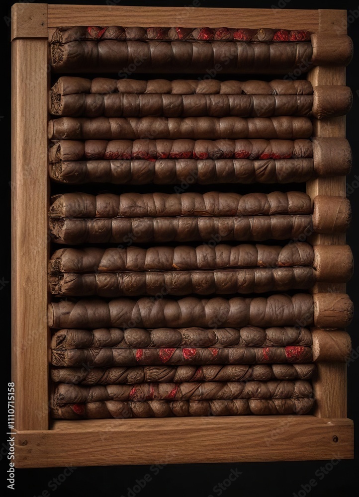 A stack of cigars neatly arranged on a wooden rack inside a large, dark humidor against a black background, wood, smoke-free, dark A stack of cigars neatly arranged on a wooden rack inside a large, dark humidor against a black background, wood, smoke-free, dark