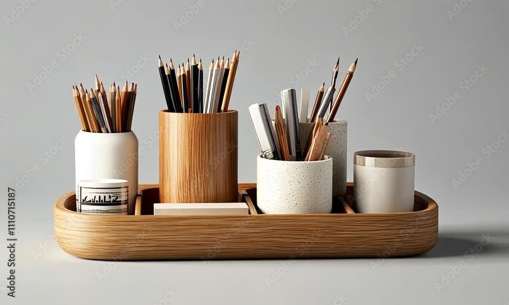 A minimalist desk organizer with various writing instruments and stationery items.