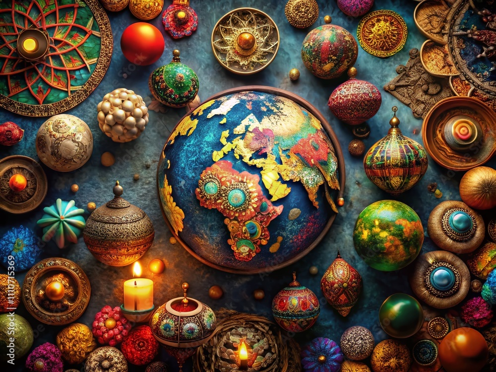Global Symbols Collection Showcasing Diverse Cultures and Nations in a Low Light Photography Style for Modern Design Applications and Creative Projects