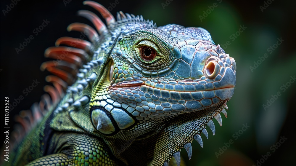 A close-up of a vibrant iguana showcasing intricate scales and colors. A close-up of a vibrant iguana showcasing intricate scales and colors.