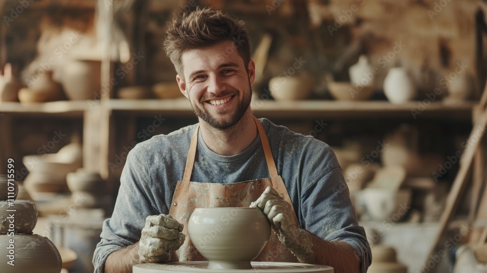 Smiling craft artist in apron in art studio store. Smiling craft artist in apron in art studio store.