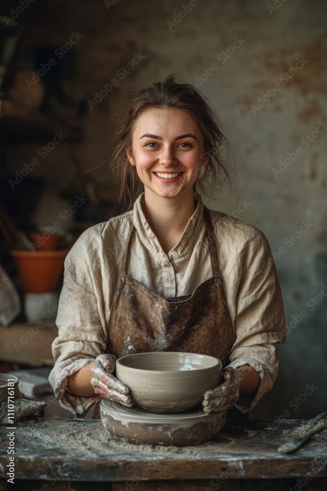 Smiling craft artist in apron in art studio store. Smiling craft artist in apron in art studio store.