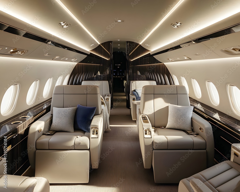 Sophisticated private jet cabin with sleek finishes and spacious seating. Soft lighting and refined decor for a luxurious in-flight experience. Sophisticated private jet cabin with sleek finishes and spacious seating. Soft lighting and refined decor for a luxurious in-flight experience.