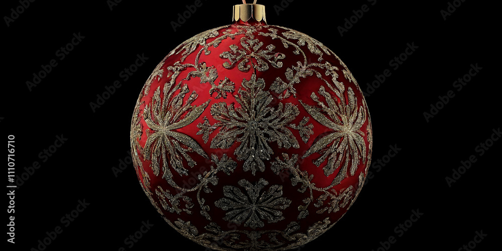 Rote Weihnachtsbaumkugel mit aufwändig gestalteten goldenen Ornamenten und floralen Mustern auf schwarzem Hintergrund Rote Weihnachtsbaumkugel mit aufwändig gestalteten goldenen Ornamenten und floralen Mustern auf schwarzem Hintergrund