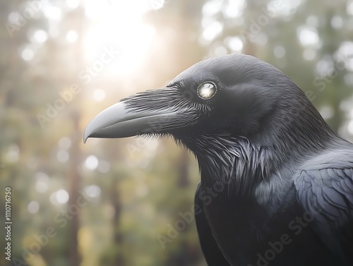 Close-up of ravena??s sharp beak and glistening eye in bright sunlight, blurred forest details in background photo