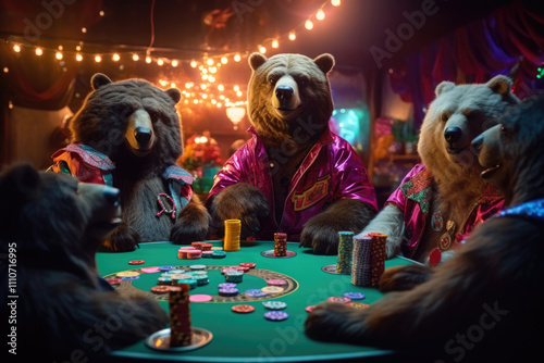 Bears in colorful jackets playing poker in dimly lit room, concept of gambling