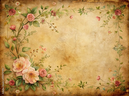 Grunge Vintage Stationery Parchment Paper with Floral Corners for Crafting, Scrapbooking, and Artistic Projects