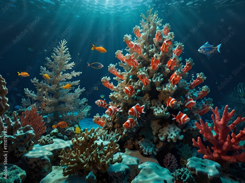 Fototapeta premium An underwater Christmas scene with festive fish and coral shaped like a decorated tree