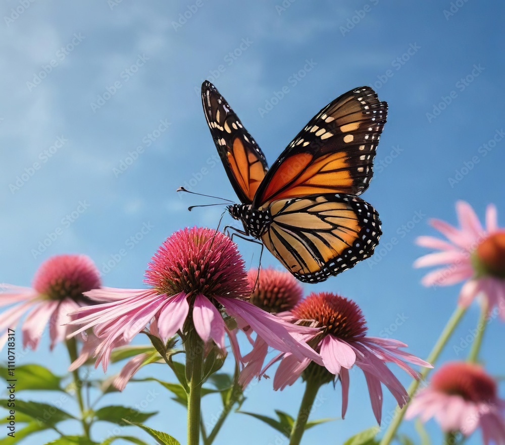 Obraz premium Colorful monarch butterfly perched on a tall pink coneflower against a clear blue sky, sunny, nature