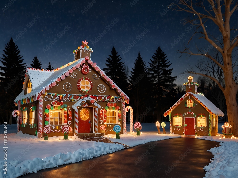 A giant gingerbread house decorated with candy canes, icing, and Christmas lights A giant gingerbread house decorated with candy canes, icing, and Christmas lights