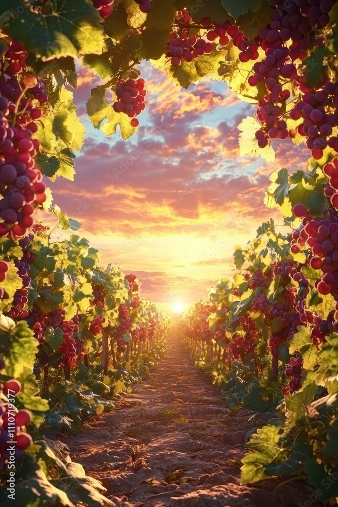 A serene sunset view through grapevines, capturing the vibrant colors of nature's beauty in a vineyard. A serene sunset view through grapevines, capturing the vibrant colors of nature's beauty in a vineyard.