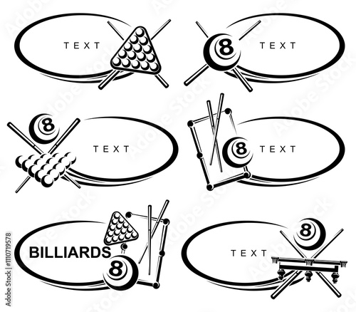 Billiards and snooker frame set. Collection icons billiard. Vector