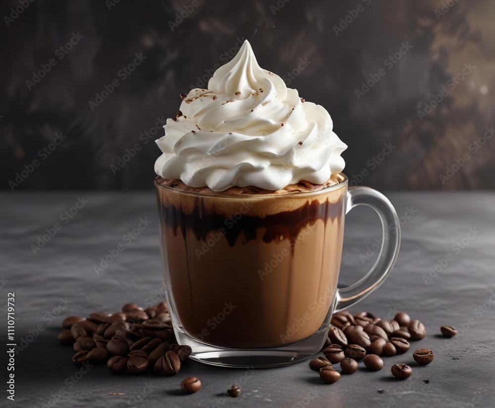 Dark liquid with whipped cream and coffee beans , modern presentation, minimalist decor, whipped cream Dark liquid with whipped cream and coffee beans , modern presentation, minimalist decor, whipped cream