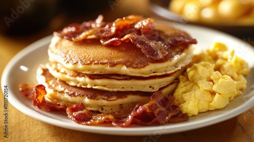 Scrumptious Stack of Pancakes with Crispy Bacon and Fluffy Scrambled Eggs: A Classic American Breakfast