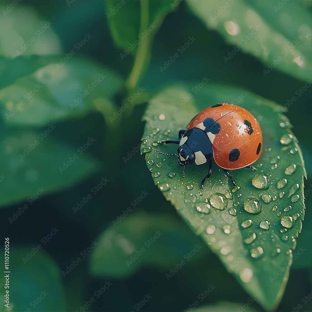 Close-up of a ladybug resting on a leaf covered in dew, showcasing vibrant colors and intricate details. Close-up of a ladybug resting on a leaf covered in dew, showcasing vibrant colors and intricate details.