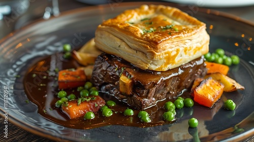 Steak and kidney pie with puff pastry top chips and peas photo