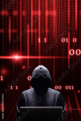 Silhouette grise centrée du cybercriminel devant son écran d'ordinateur portable sur fond de données binaires rouge format vertical portrait