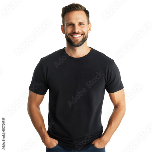 Smiling Man in Black T-Shirt with Hands in Pockets on Transparent Background