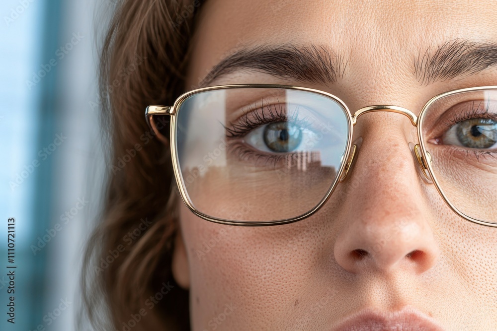 Close-up of a woman wearing glasses with reflections in the lenses Close-up of a woman wearing glasses with reflections in the lenses