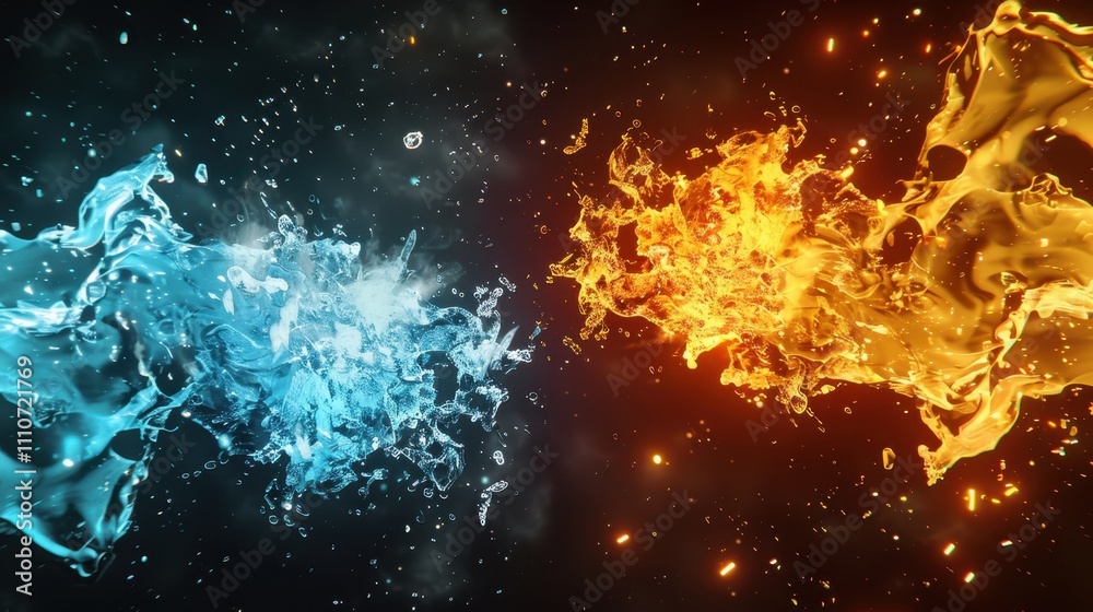 Fototapeta premium Ice vs fire in abstract wallpaper, a flowing motion of cold water vs hot flame in a creative vs striking design with a dark vs light texture and a magical vs realistic backdrop.