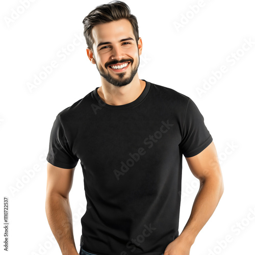 Smiling Man in Black T-Shirt with Hands in Pockets on Transparent Background photo