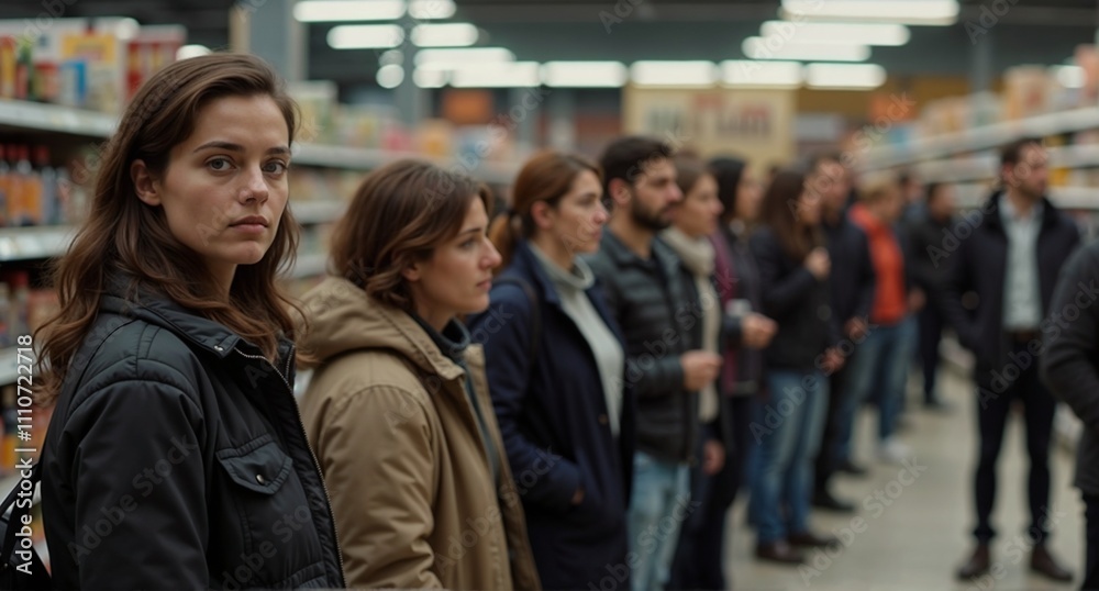 Group of people waiting in a store, casual shopping environment, social interaction, anticipation, copy space Group of people waiting in a store, casual shopping environment, social interaction, anticipation, copy space