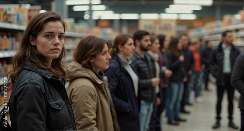Group of people waiting in a store, casual shopping environment, social interaction, anticipation, copy space