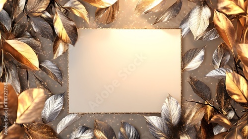 Blank mockup template of an invitation card framed by a blend of gold and silver leaves with subtle sparkling light.