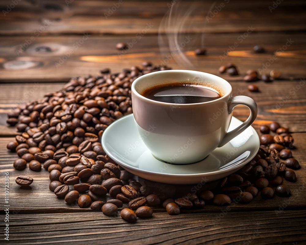 A steaming cup of rich black coffee sits atop a delicate saucer, encircled by a generous spread of roasted coffee beans, creating a warm and inviting atmosphere A steaming cup of rich black coffee sits atop a delicate saucer, encircled by a generous spread of roasted coffee beans, creating a warm and inviting atmosphere