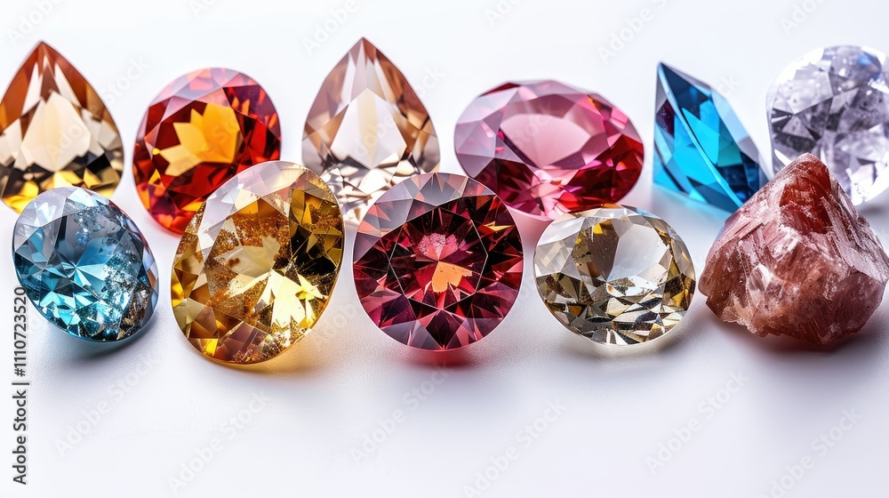 A collection of various gemstones displayed with intricate cuts and reflections. A collection of various gemstones displayed with intricate cuts and reflections.