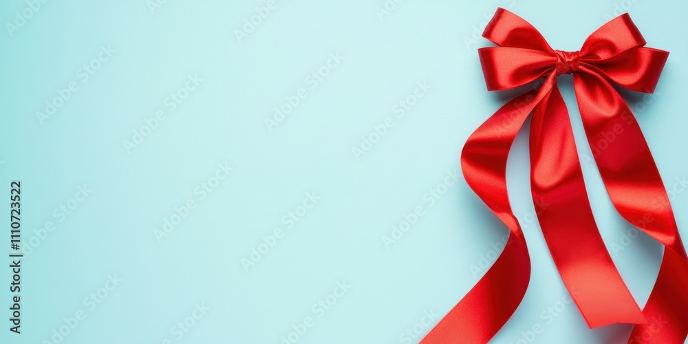 Red ribbon bow on a blue background, perfect for gifts