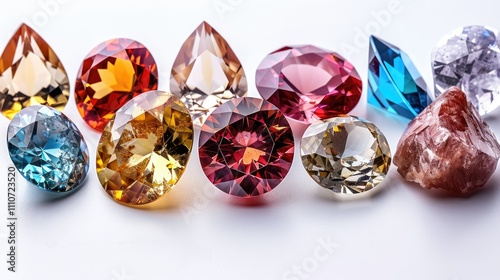 A collection of various gemstones displayed with intricate cuts and reflections. photo