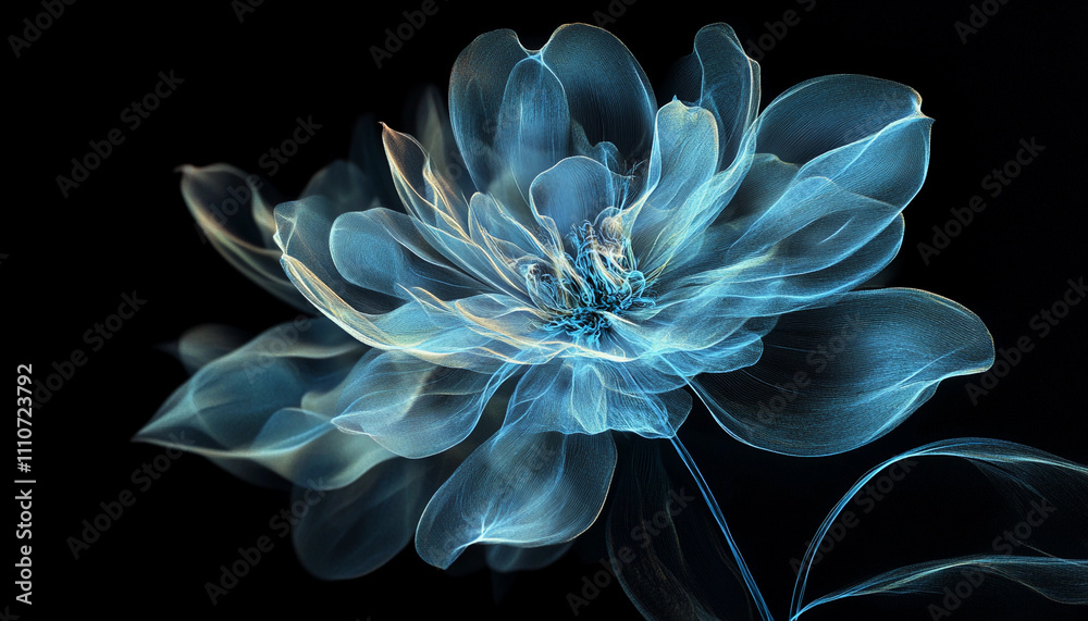 Digital art of a glowing blue flower on black background