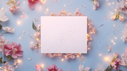 Blank mockup template of an invitation card encased in a ring of blooming flowers and soft fairy light trails.