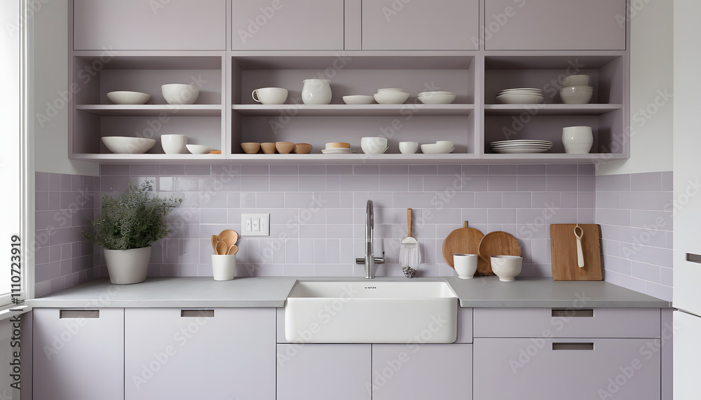 Modern Minimalist Small Kitchen with Gray Cabinets, White Sink, and Open Storage Modern Minimalist Small Kitchen with Gray Cabinets, White Sink, and Open Storage