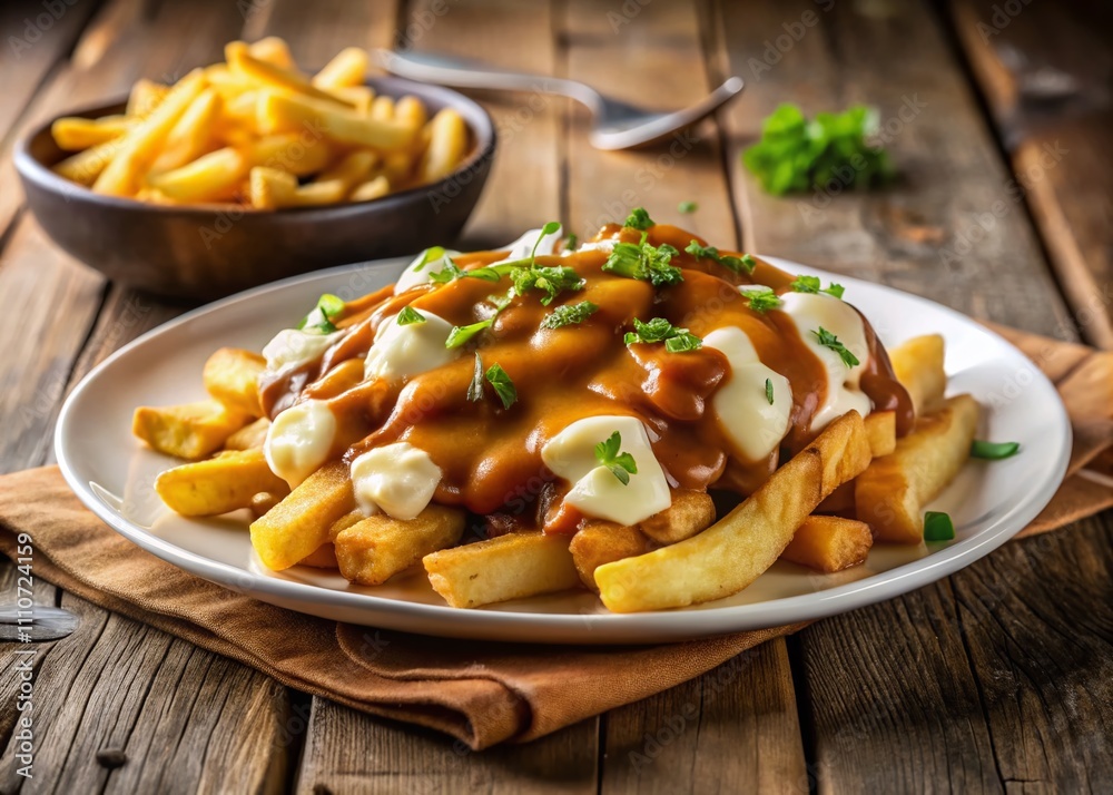 Indulge in the Richness of Authentic Canadian Poutine: A Delectable Dish Featuring Crispy Fries, Melted Cheese Curds, and Flavorful Gravy on a White Plate Indulge in the Richness of Authentic Canadian Poutine: A Delectable Dish Featuring Crispy Fries, Melted Cheese Curds, and Flavorful Gravy on a White Plate