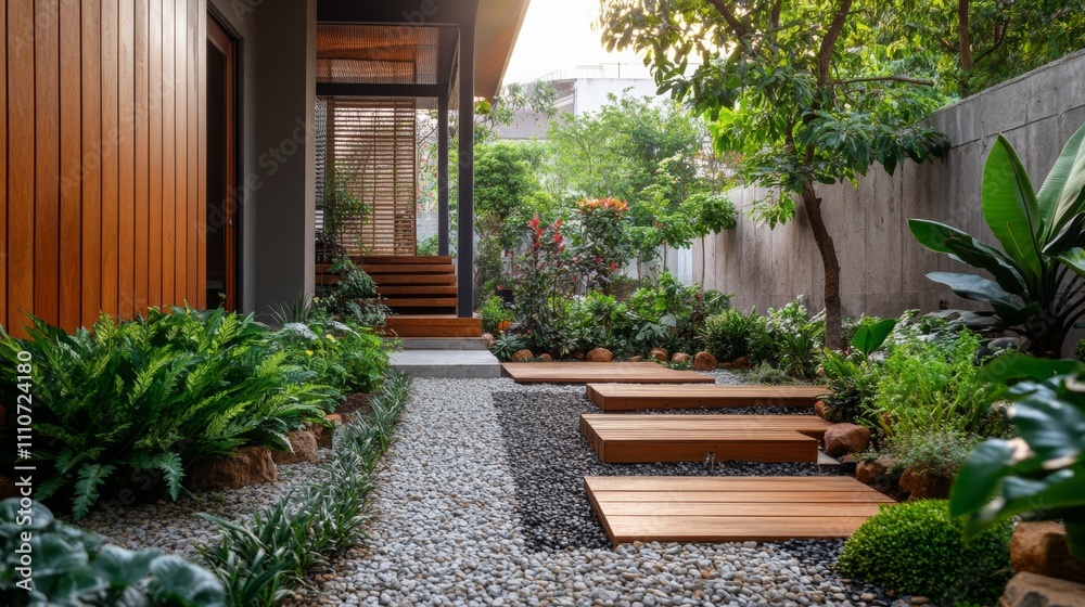 Home garden with efficient drip irrigation, well-organized beds, flourishing plants, eco-friendly design Home garden with efficient drip irrigation, well-organized beds, flourishing plants, eco-friendly design