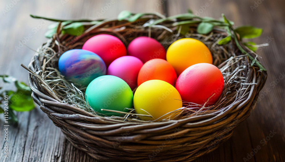 Colorful Easter eggs in a natural basket setting Colorful Easter eggs in a natural basket setting