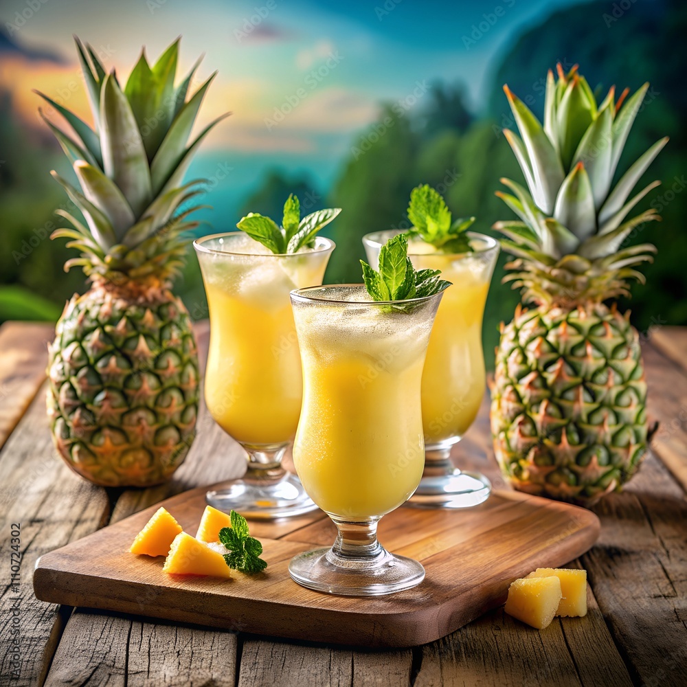 Bright tropical drinks made with fresh pineapple and garnished with mint are served on a wooden table. Lush greenery and a breathtaking sunset are in the background, creating a peaceful atmosphere Bright tropical drinks made with fresh pineapple and garnished with mint are served on a wooden table. Lush greenery and a breathtaking sunset are in the background, creating a peaceful atmosphere
