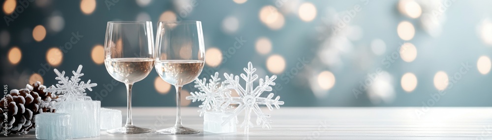 The image features two elegant glasses of wine on a snowy table, surrounded by festive decorations and a soft bokeh background The image features two elegant glasses of wine on a snowy table, surrounded by festive decorations and a soft bokeh background