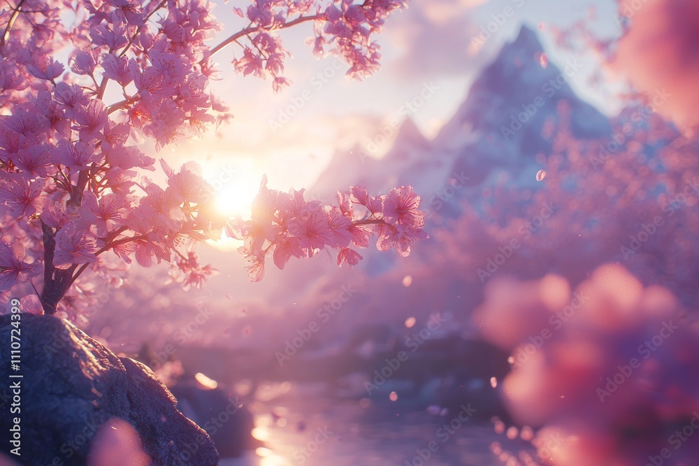 A serene scene of cherry blossoms blooming at sunset, with soft pink hues and majestic mountains in the background. A serene scene of cherry blossoms blooming at sunset, with soft pink hues and majestic mountains in the background.