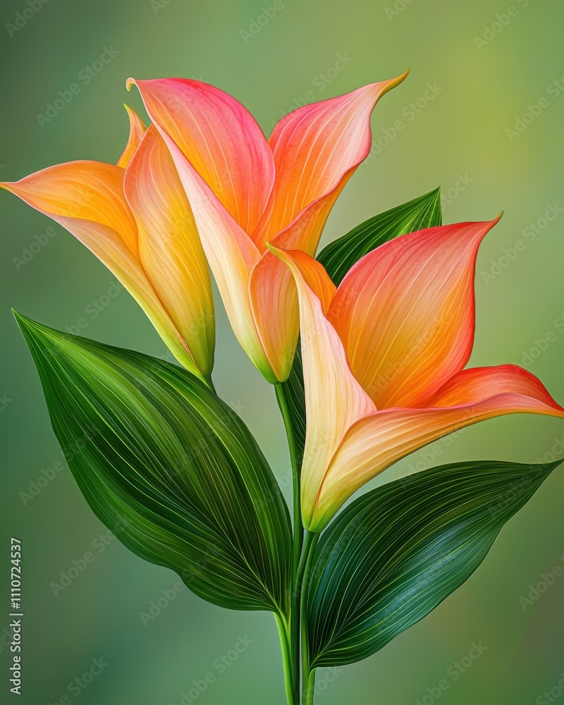 Vibrant orange and yellow flowers with lush green leaves set against a soft gradient background, showcasing floral beauty and elegance Vibrant orange and yellow flowers with lush green leaves set against a soft gradient background, showcasing floral beauty and elegance