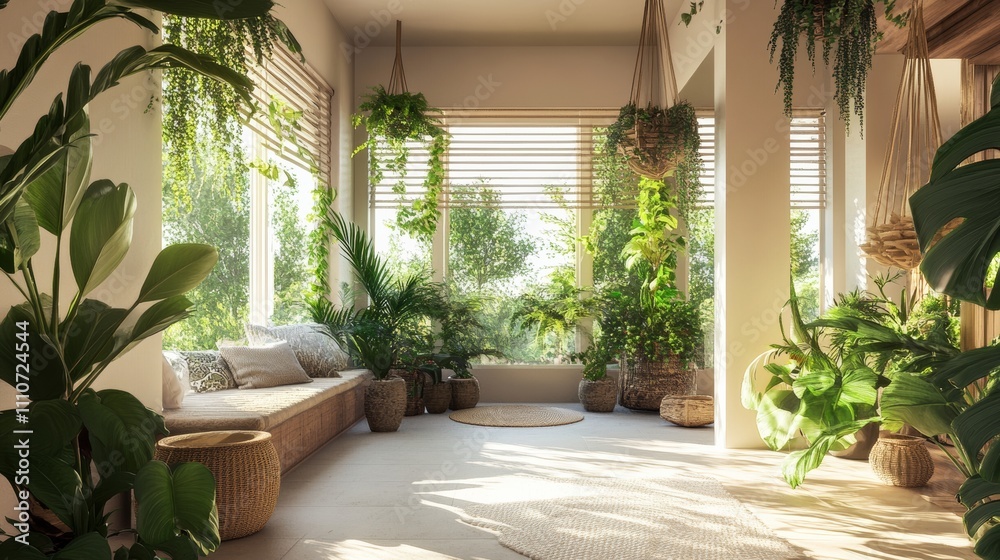 Fototapeta premium Indoor garden for small spaces, tropical plants, hanging pots, bright corner, airy and green ambiance