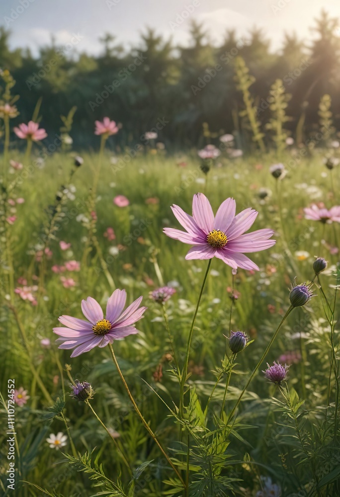 Dainty cosmos blooms nestled among tall grasses and stalks on a serene summer meadow, summer garden, flower field, cosmos Dainty cosmos blooms nestled among tall grasses and stalks on a serene summer meadow, summer garden, flower field, cosmos
