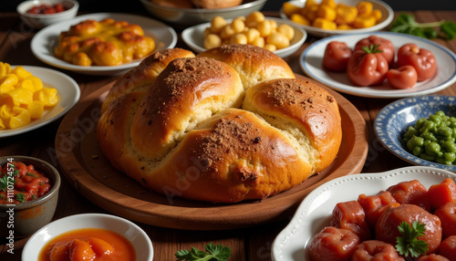 Delicious traditional Hanukkah meal featuring fresh challah and festive sides prepared for family celebration photo