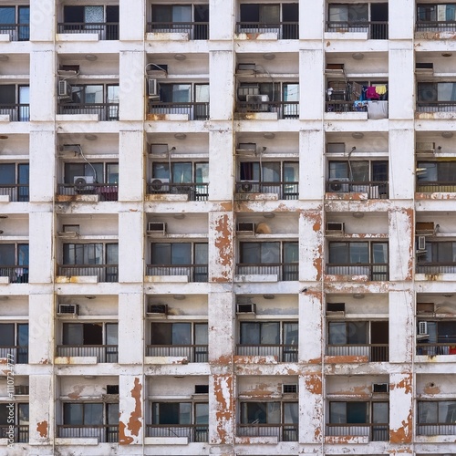 Facade of obsolent tenement slum with low-cost living. Forced eviction, homelessness,urban slum dwellers,living in inadequate housing.