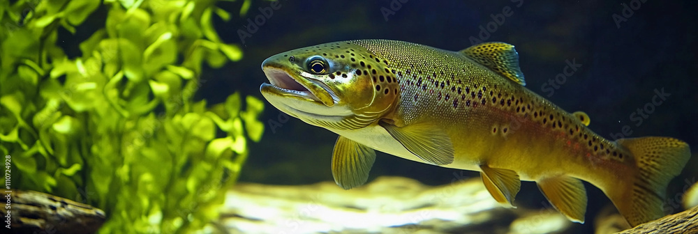 Brown trout swimming in a freshwater habitat Brown trout swimming in a freshwater habitat