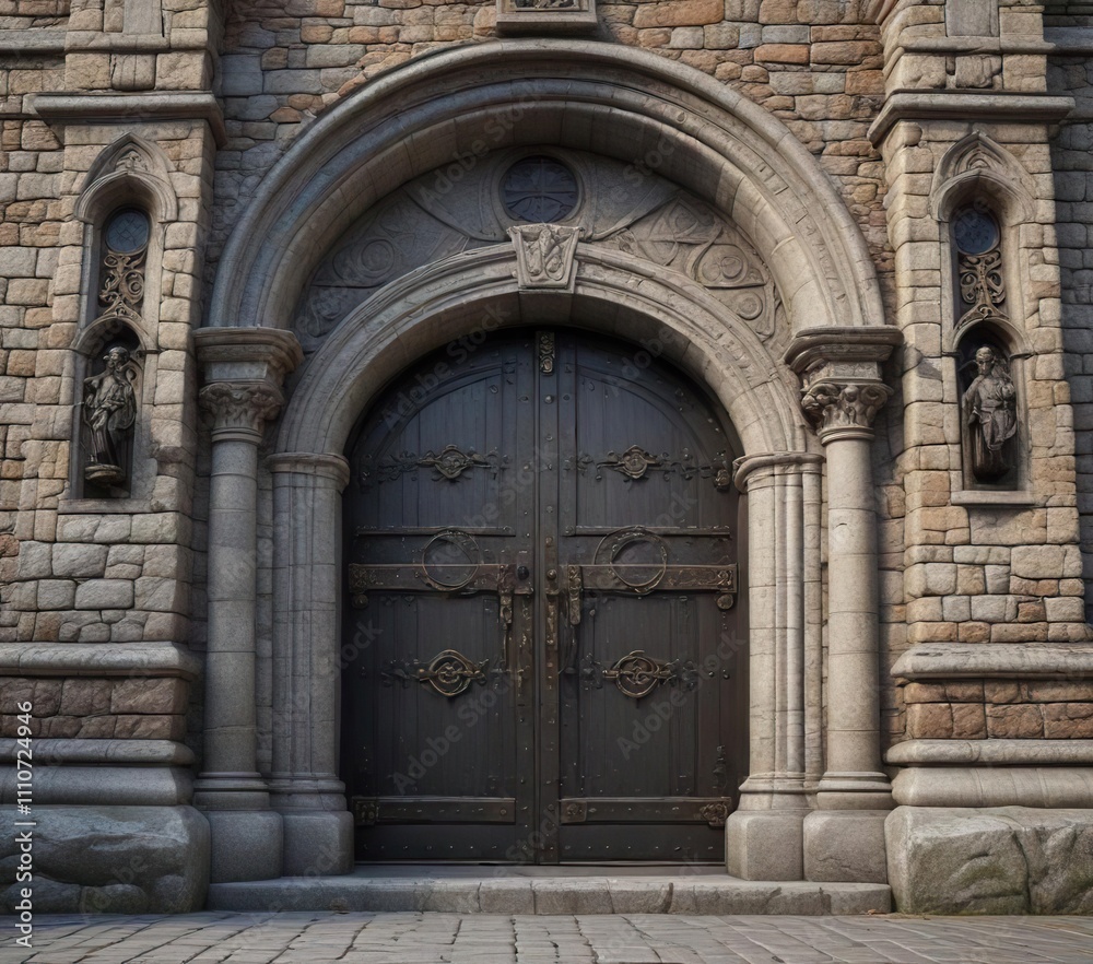 Church with a large stone door and ornate hardware, sacred, devotional, advent Church with a large stone door and ornate hardware, sacred, devotional, advent
