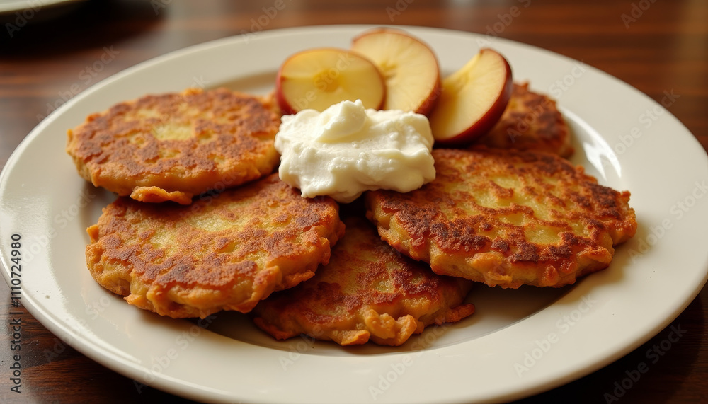 Delicious latkes served with apples and sour cream during a festive Hanukkah celebration Delicious latkes served with apples and sour cream during a festive Hanukkah celebration